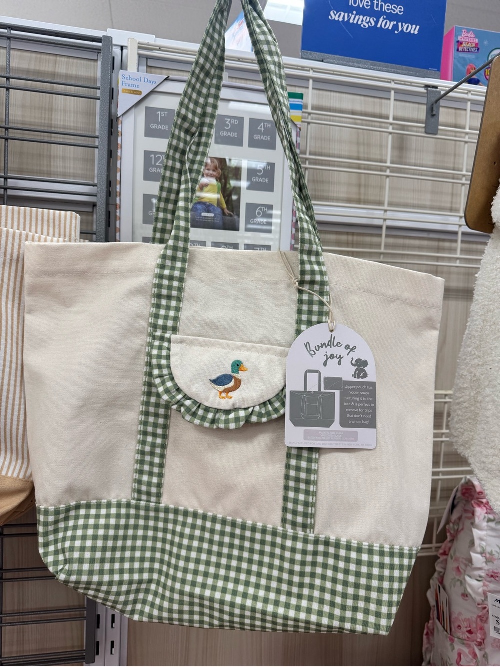 Viral Mallard duck Canvas Tote Bag with Green Gingham Trim and Duck Embroidery